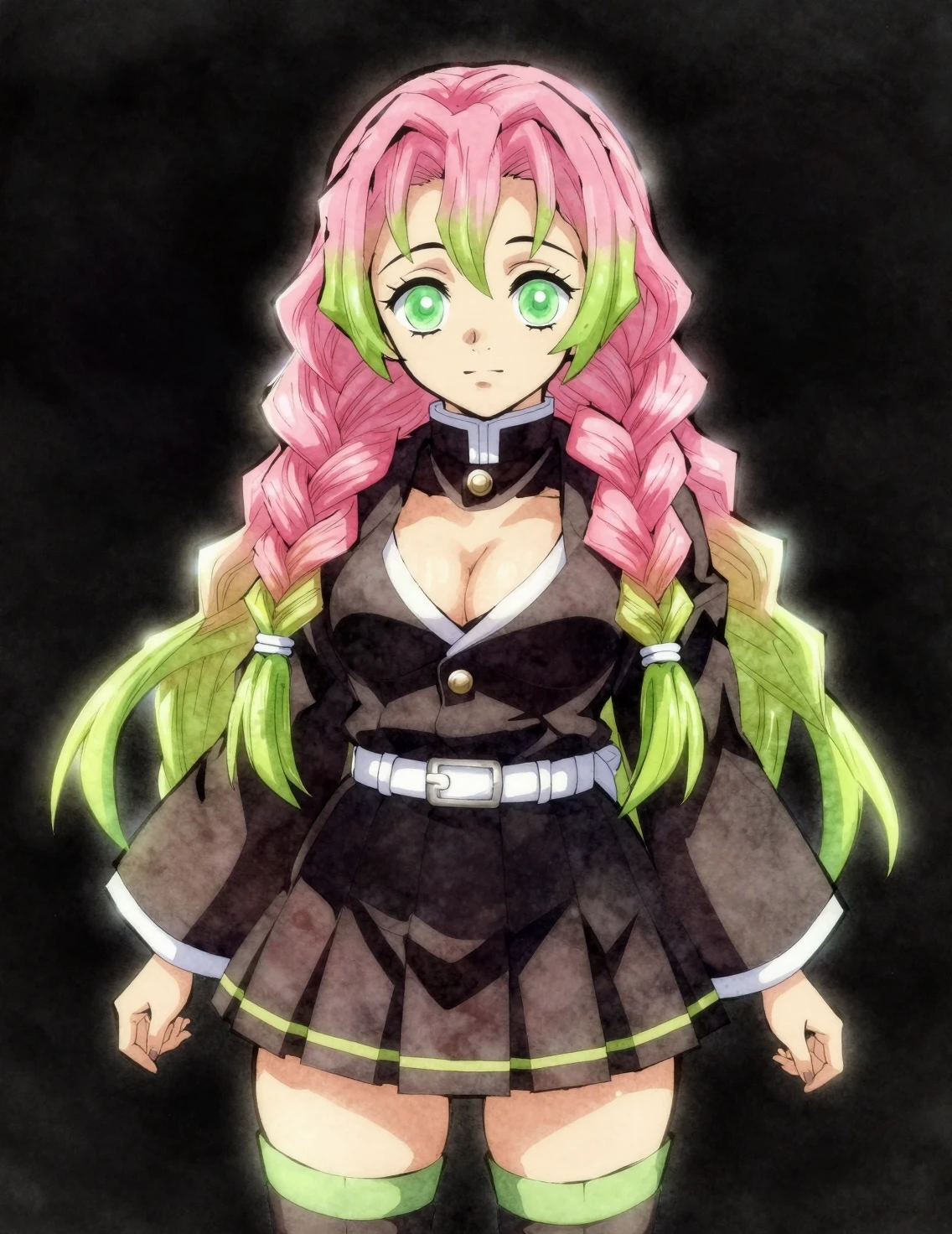 Neon anime woman silhouette with glowing green eyes