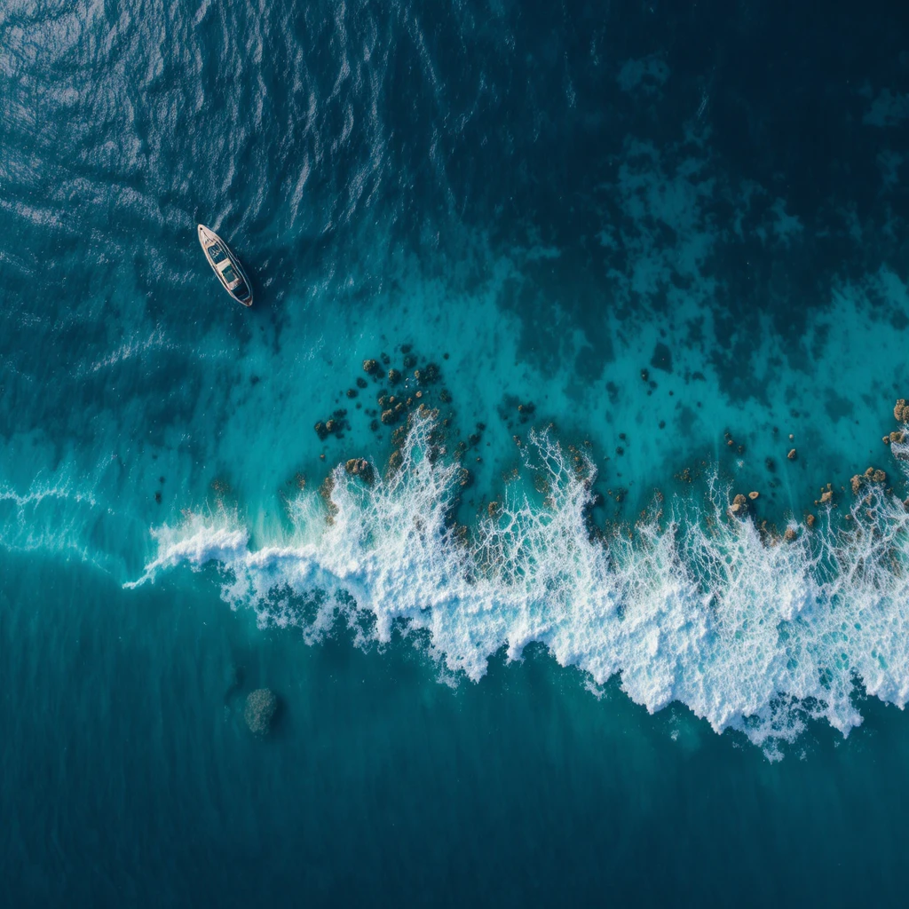 Vista aérea frontal de olas del océano con colores marinos vibrantes