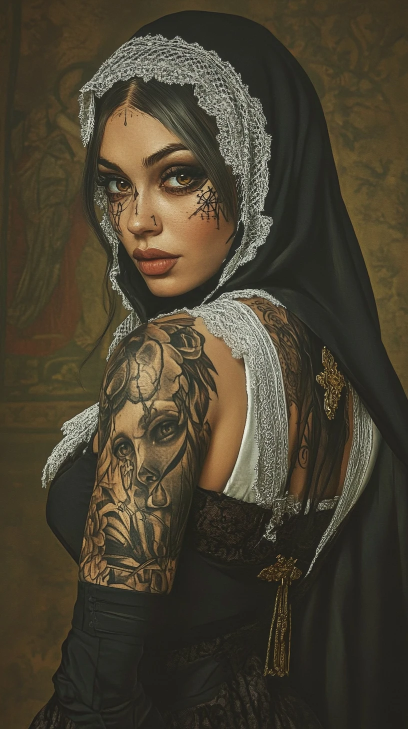 Tattooed woman in modern nun habit with defiant gaze