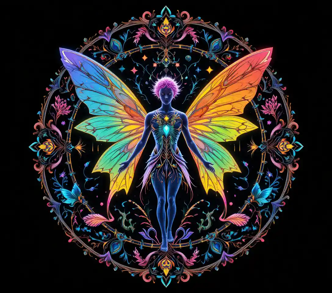 Neon fairy with rainbow wings in a circular forest mandala