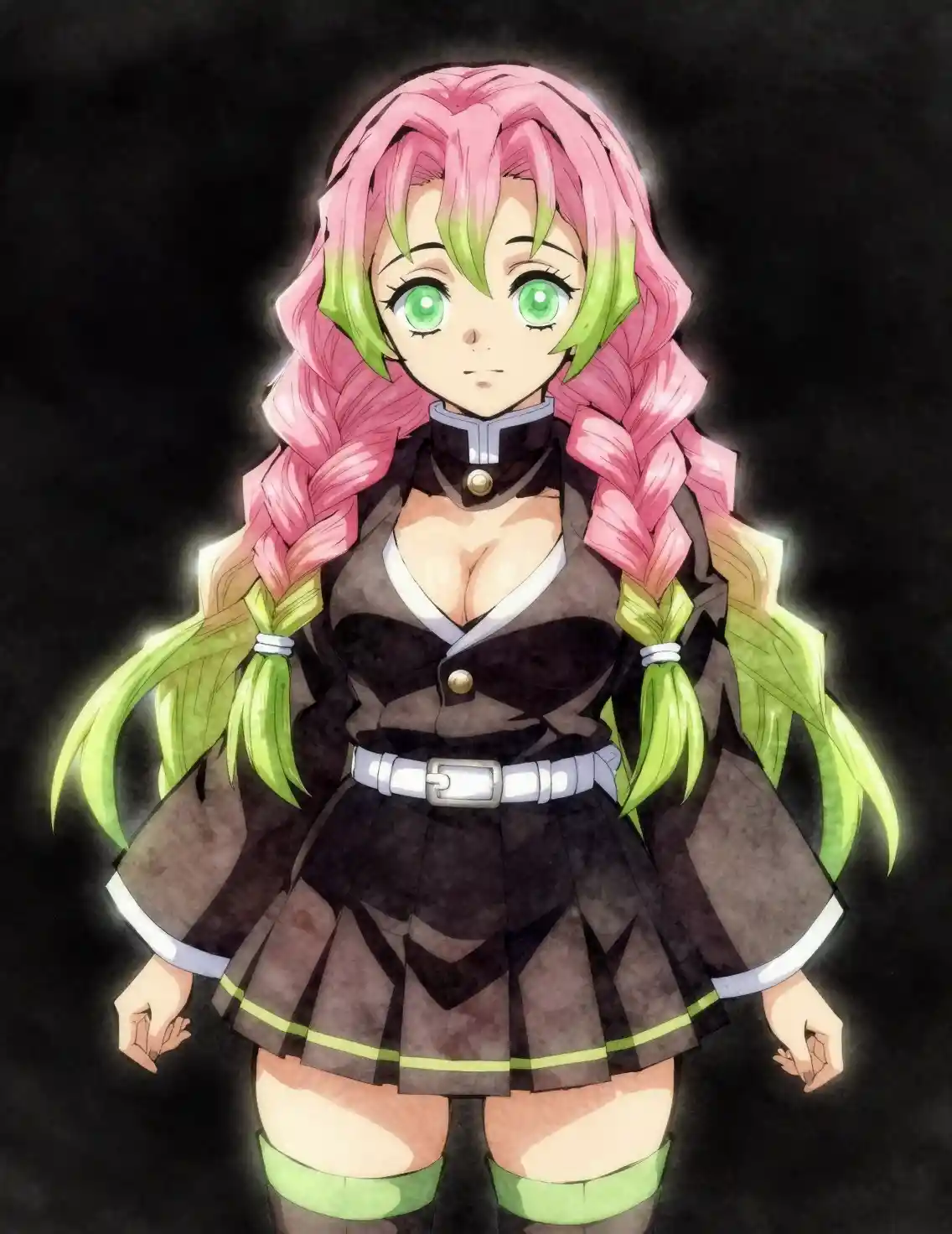 Neon anime woman silhouette with glowing green eyes