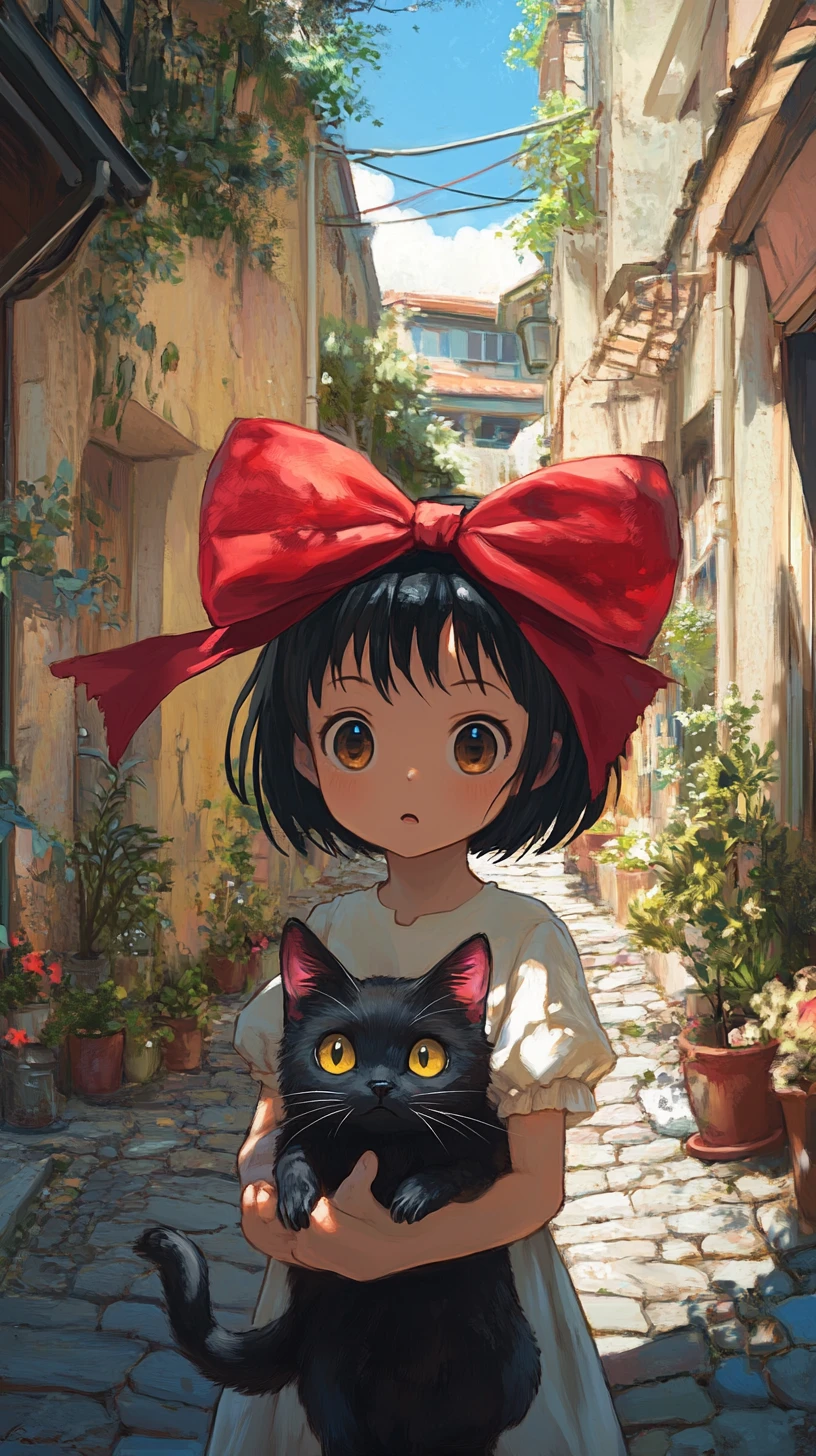 Anime girl with black cat in a narrow urban alley