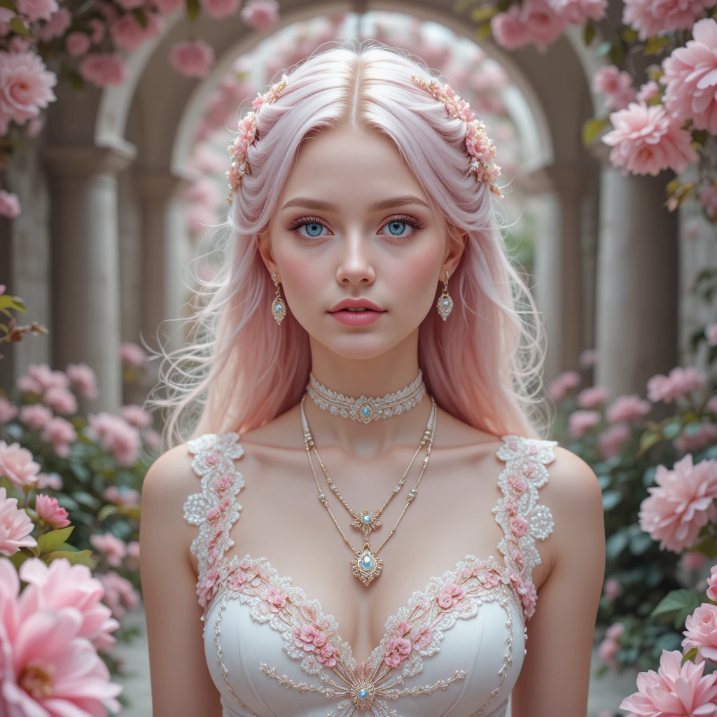 Pink haired girl in lace dress amid blooming garden