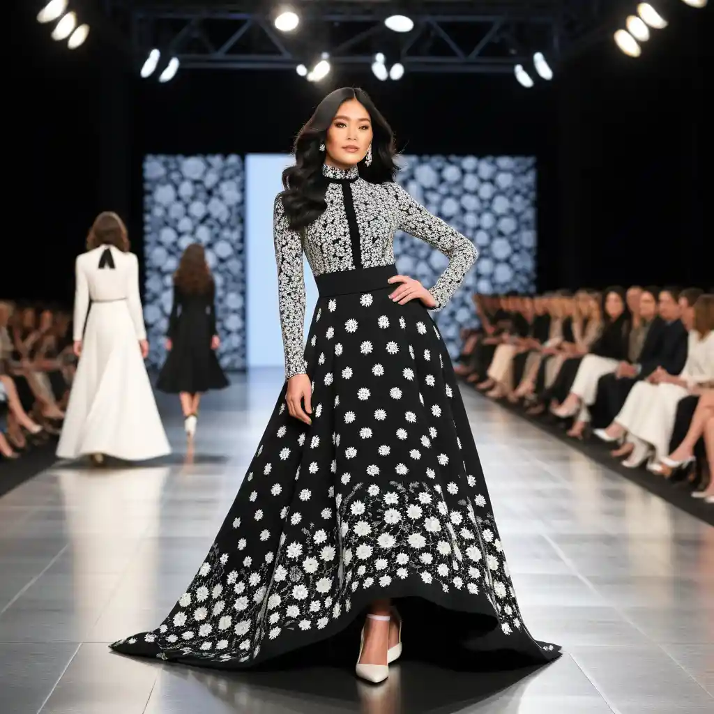 Mujer con vestido vintage floral caminando por una pasarela negra