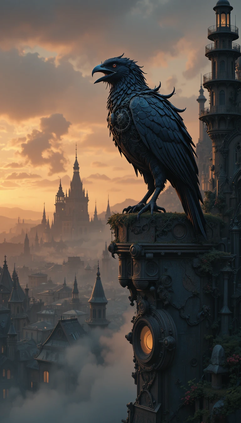 Mechanical bird on a crumbling gothic tower at dusk