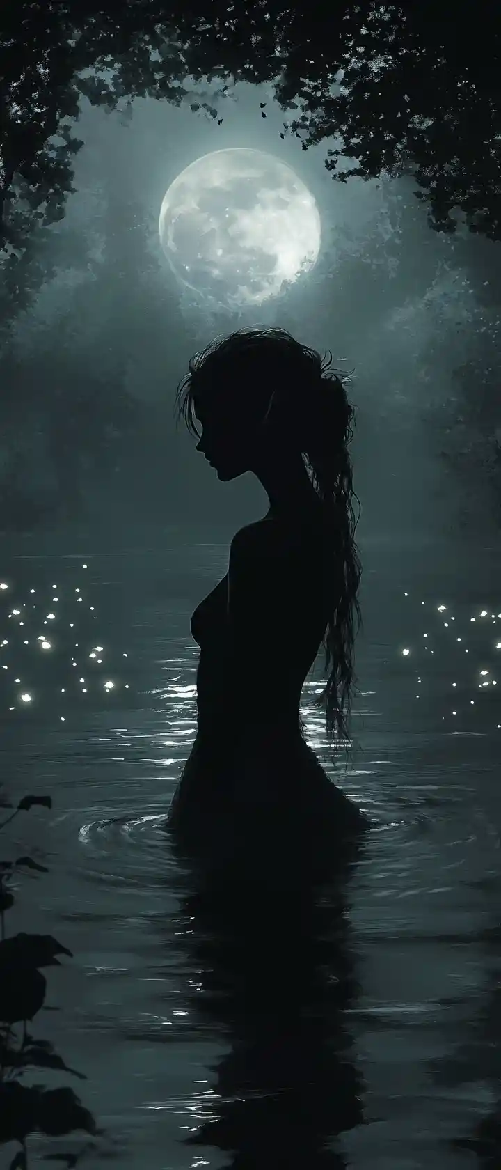 Jeune elfe dans un lac au clair de lune entourée de lucioles