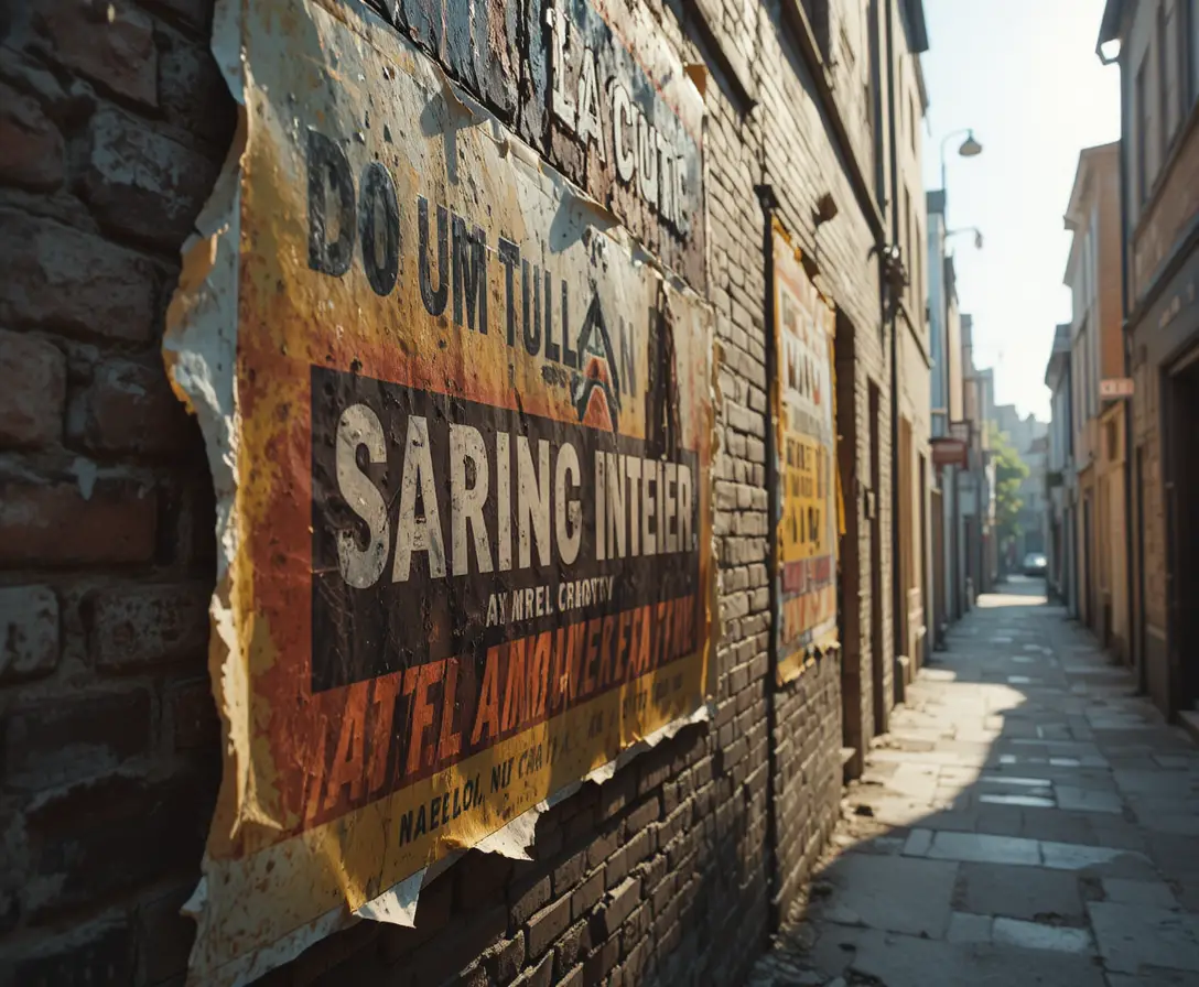 Faded poster peeling from a brick wall in afternoon light