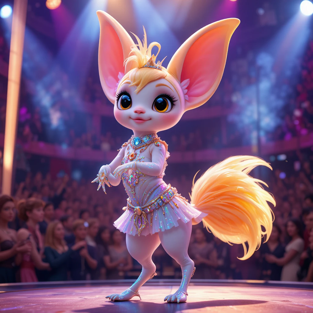 Perro papillon ídolo bailando en el escenario con estilo Disney 3D