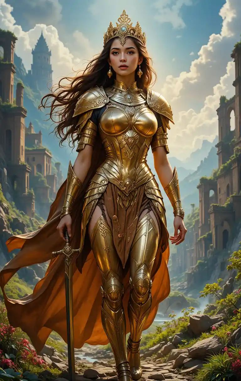 Golden armored warrior woman in ancient fantasy ruins