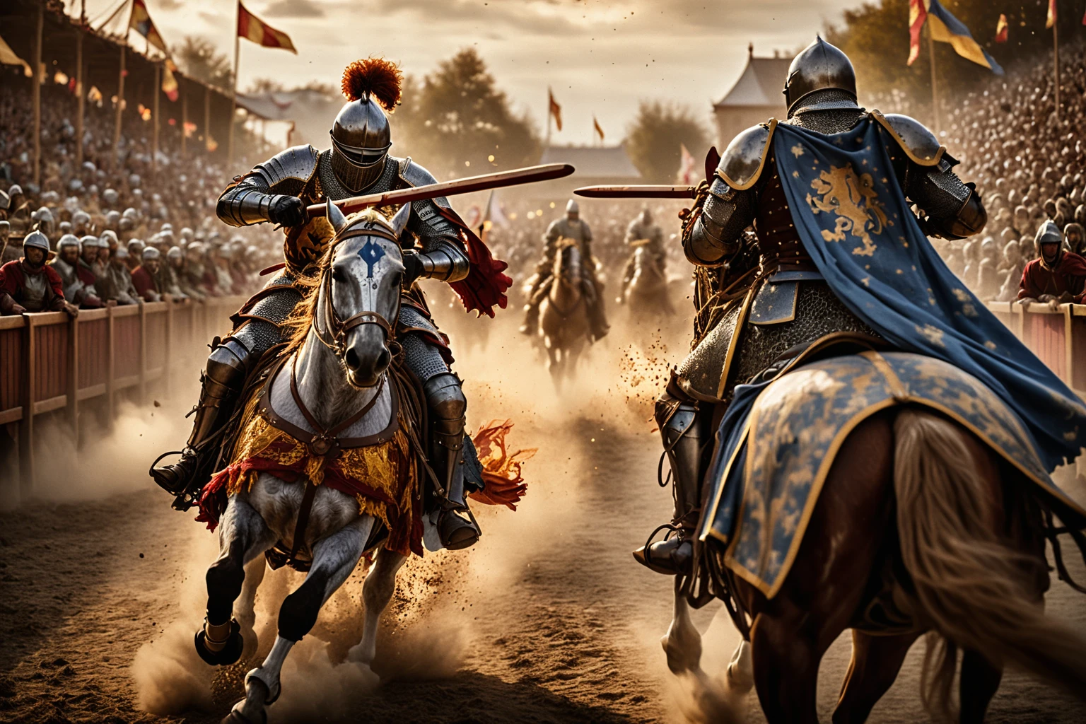 Due cavalieri corazzati in giostra in un'arena cinematografica