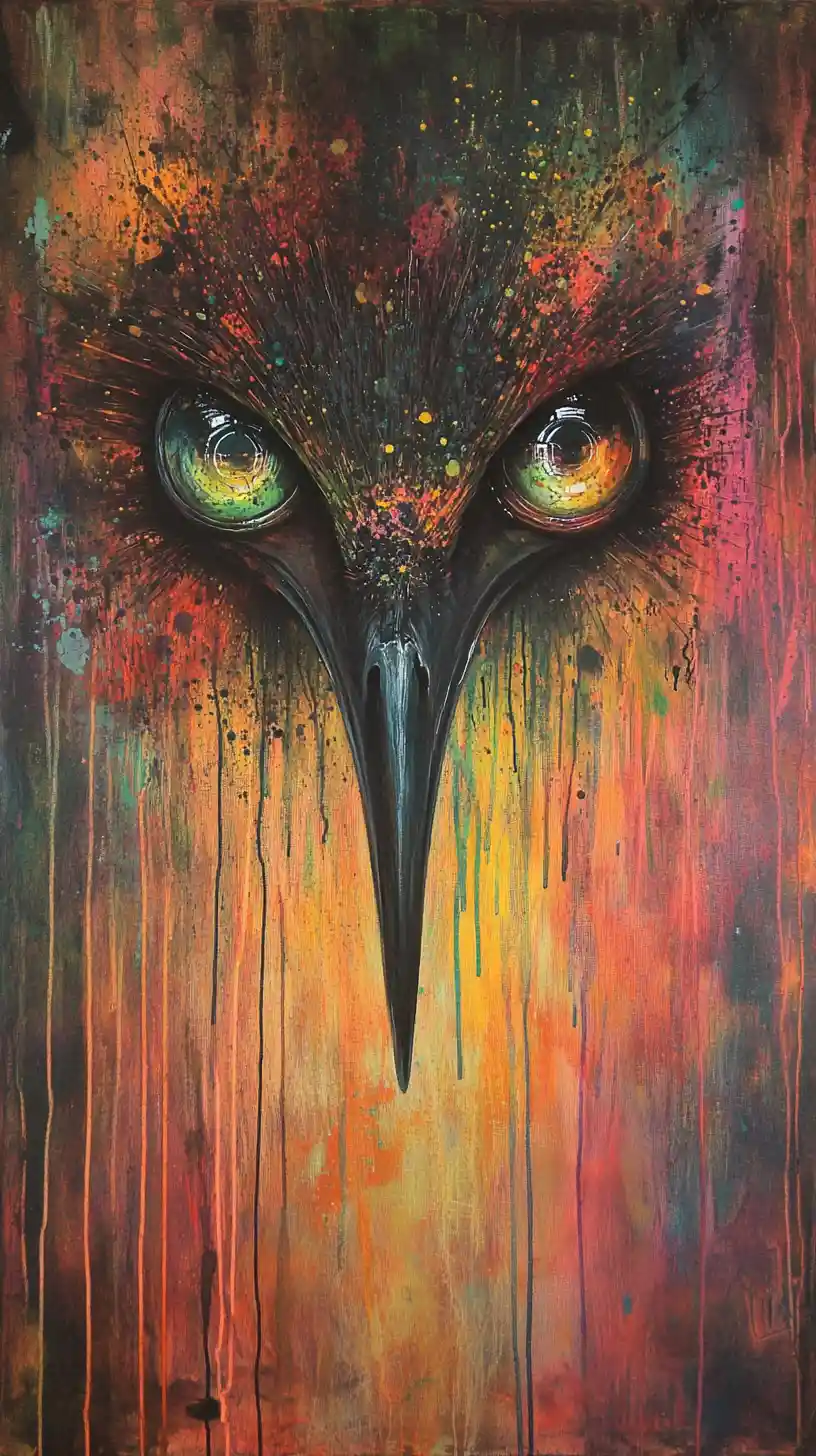Abstract bird eyes in vivid alchemical color painting