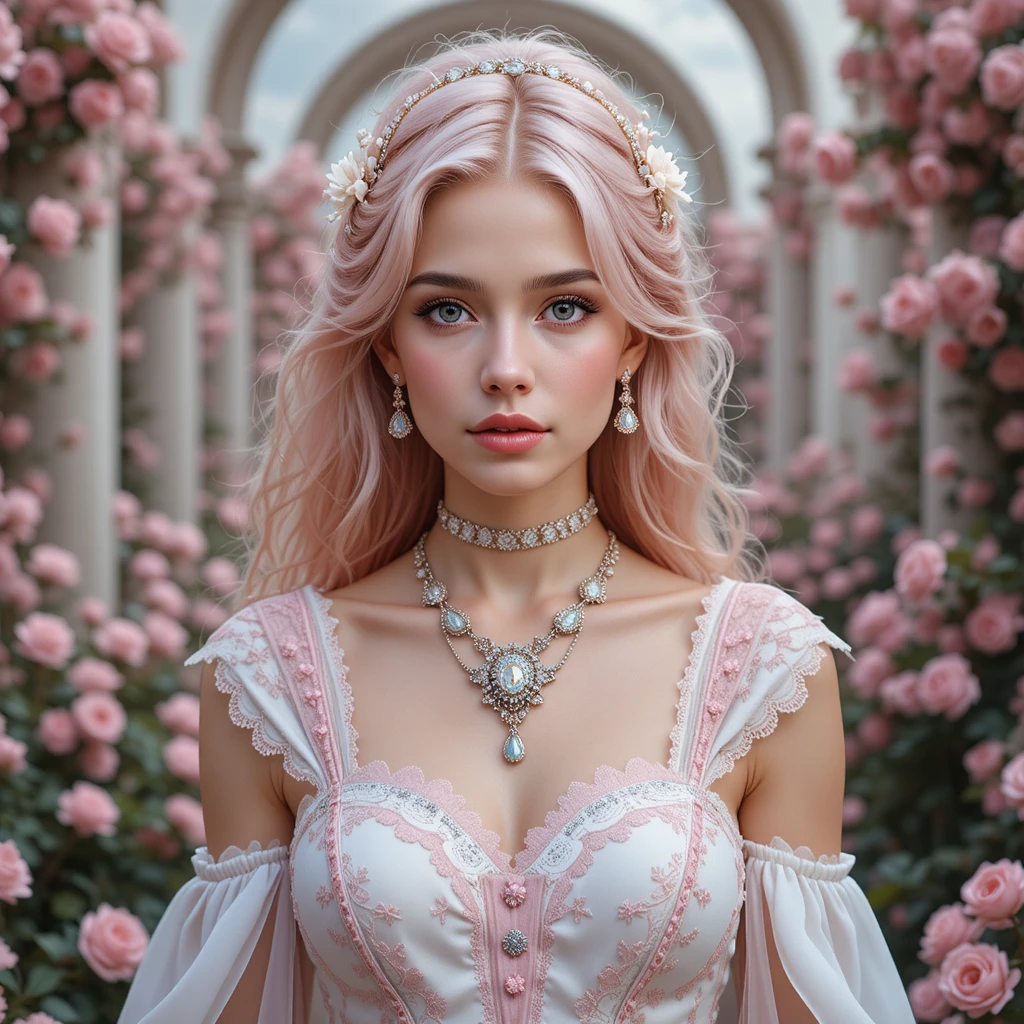 Young woman with pink hair in a soft floral garden