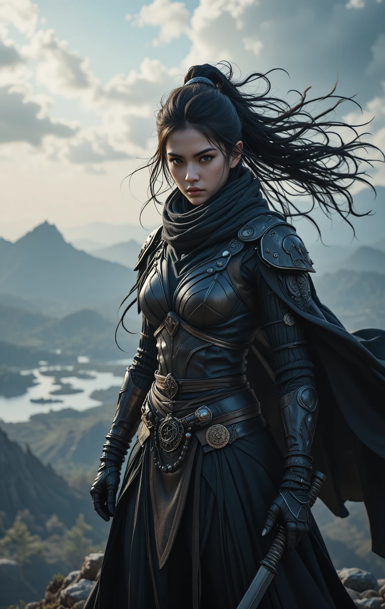 Señora de la guerra ninja sobre un pico de montaña azotado por el viento