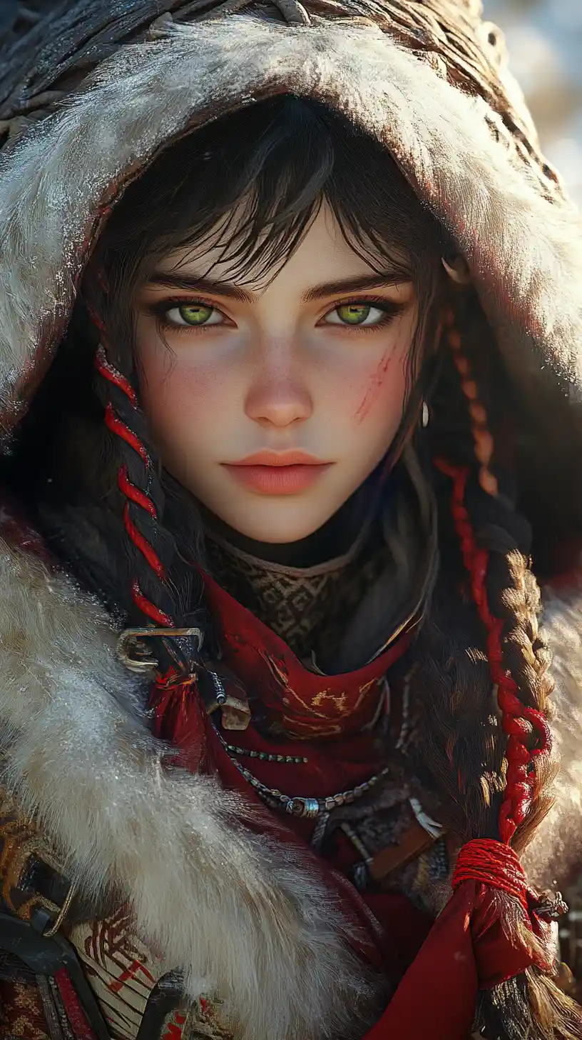 Anime girl with heterochromia in a fur hooded winter scene