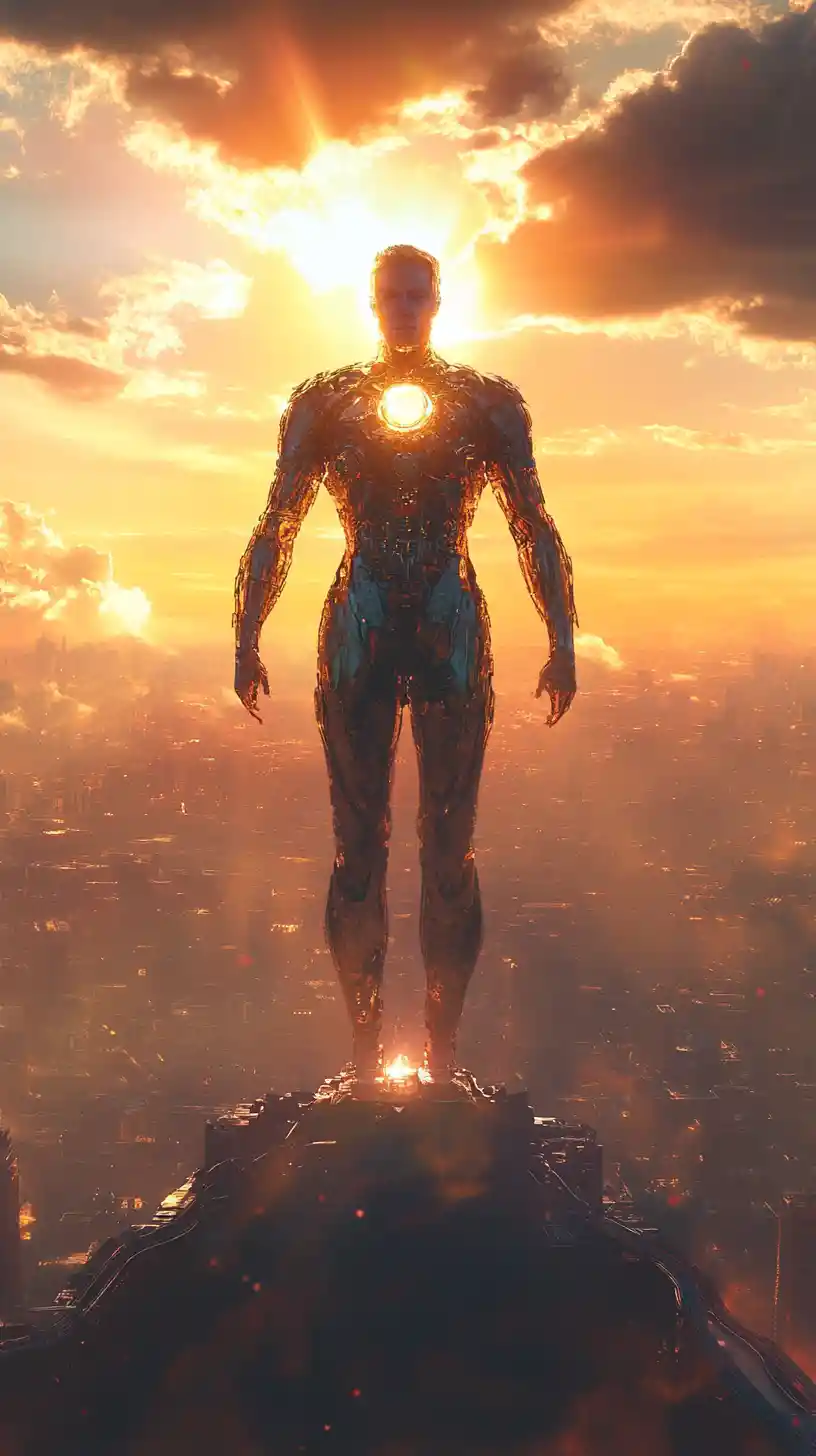 Futuristic superhero in metallic suit over glowing sunset city
