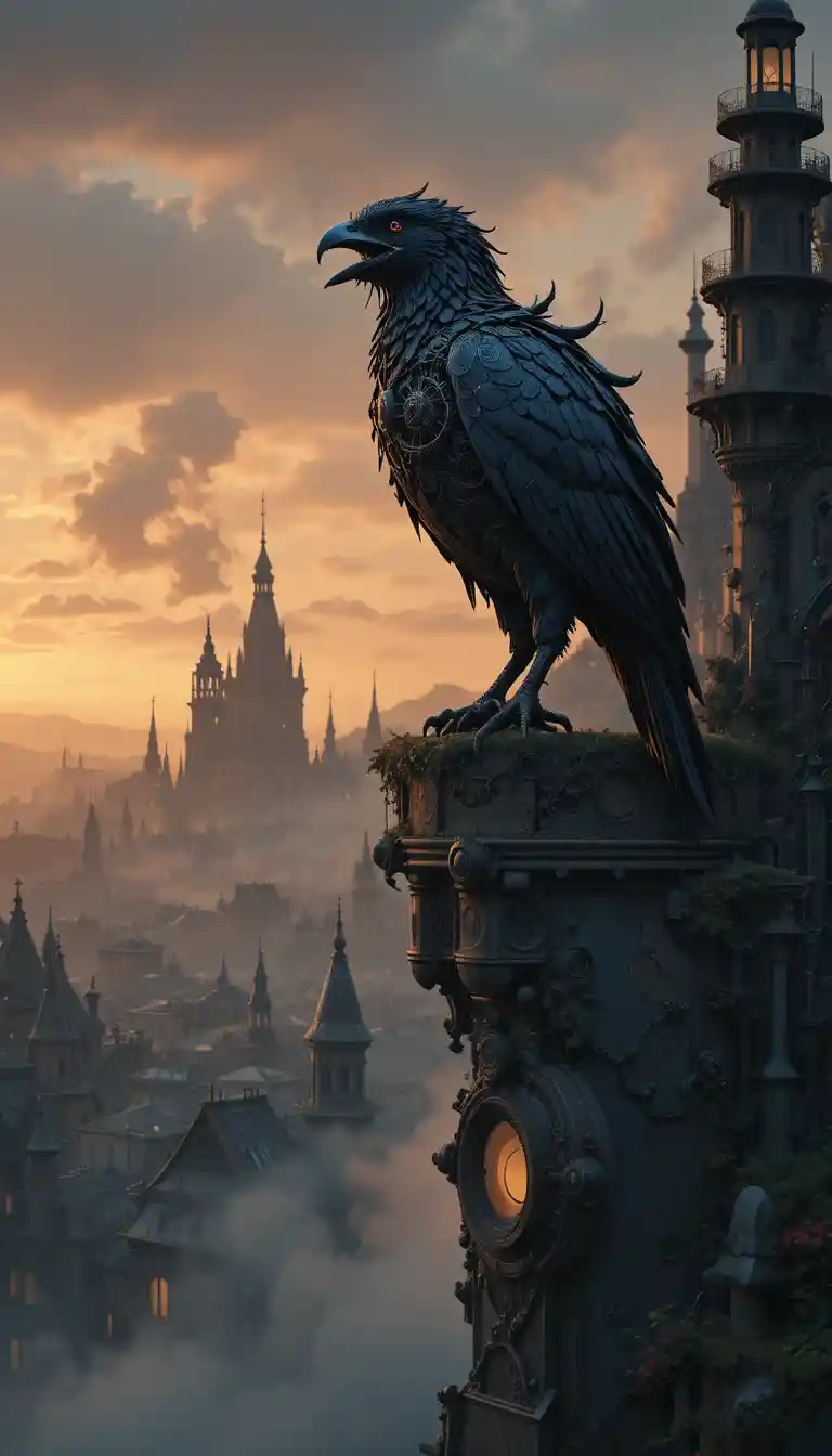 Oiseau mécanique sur une tour gothique en ruine au crépuscule