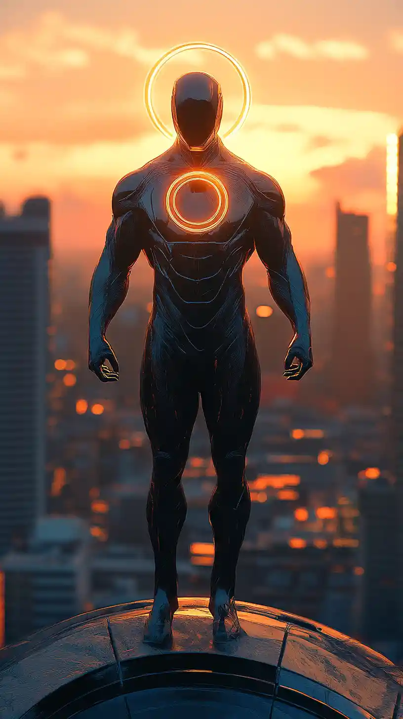 Futuristic superhero in metallic suit above sunset city