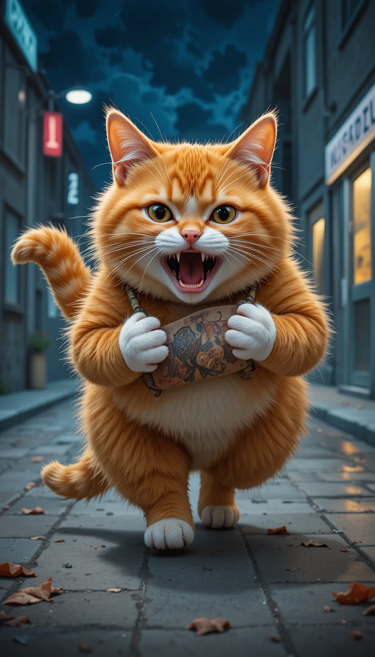 Gato naranja en pánico corriendo por una clínica veterinaria luminosa