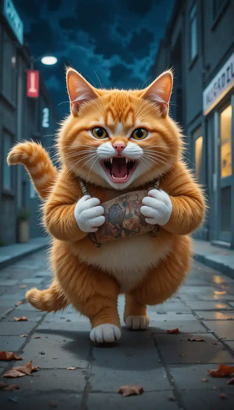 Panicked orange cat rushing through a glowing vet clinic