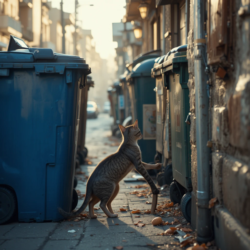 Thin stray cat searching near trash bins at sunrise