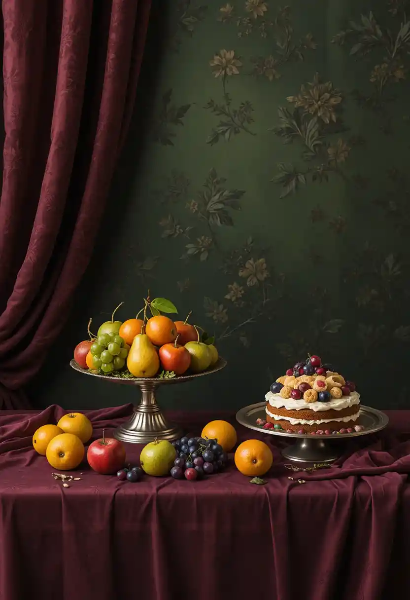 Natura morta con frutta e dolci su tavolo ricoperto di velluto