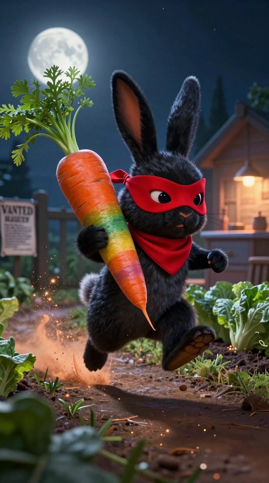Astuto conejo enmascarado corriendo por un jardín iluminado por la luna con una zanahoria