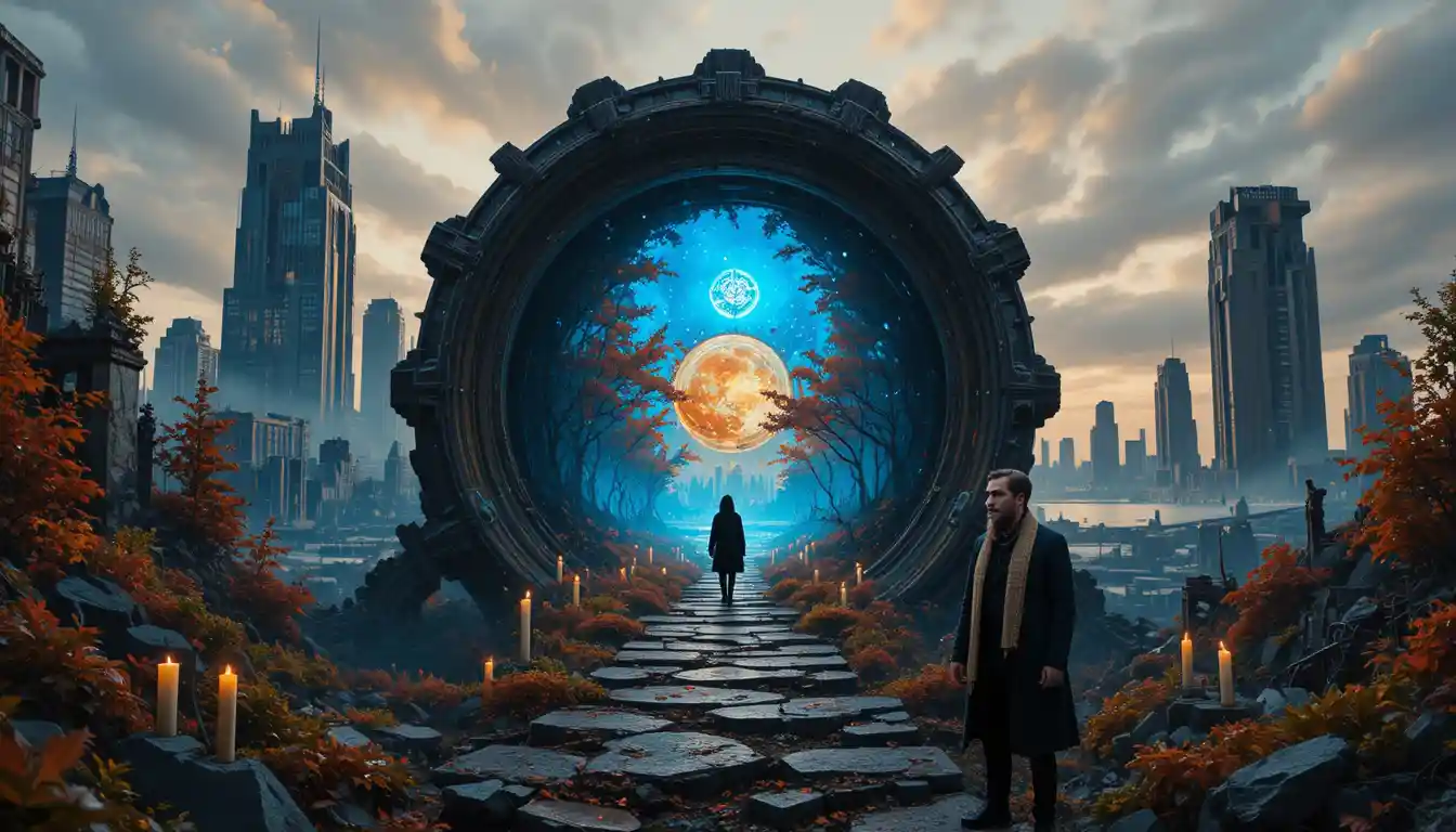 Femme fouilleuse marchant dans les ruines envahies d’une ville futuriste