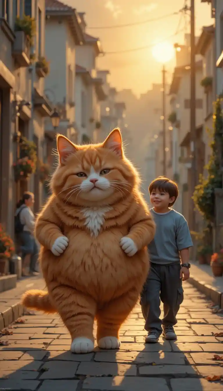 Gato naranja con patas blancas caminando por una calle tranquila