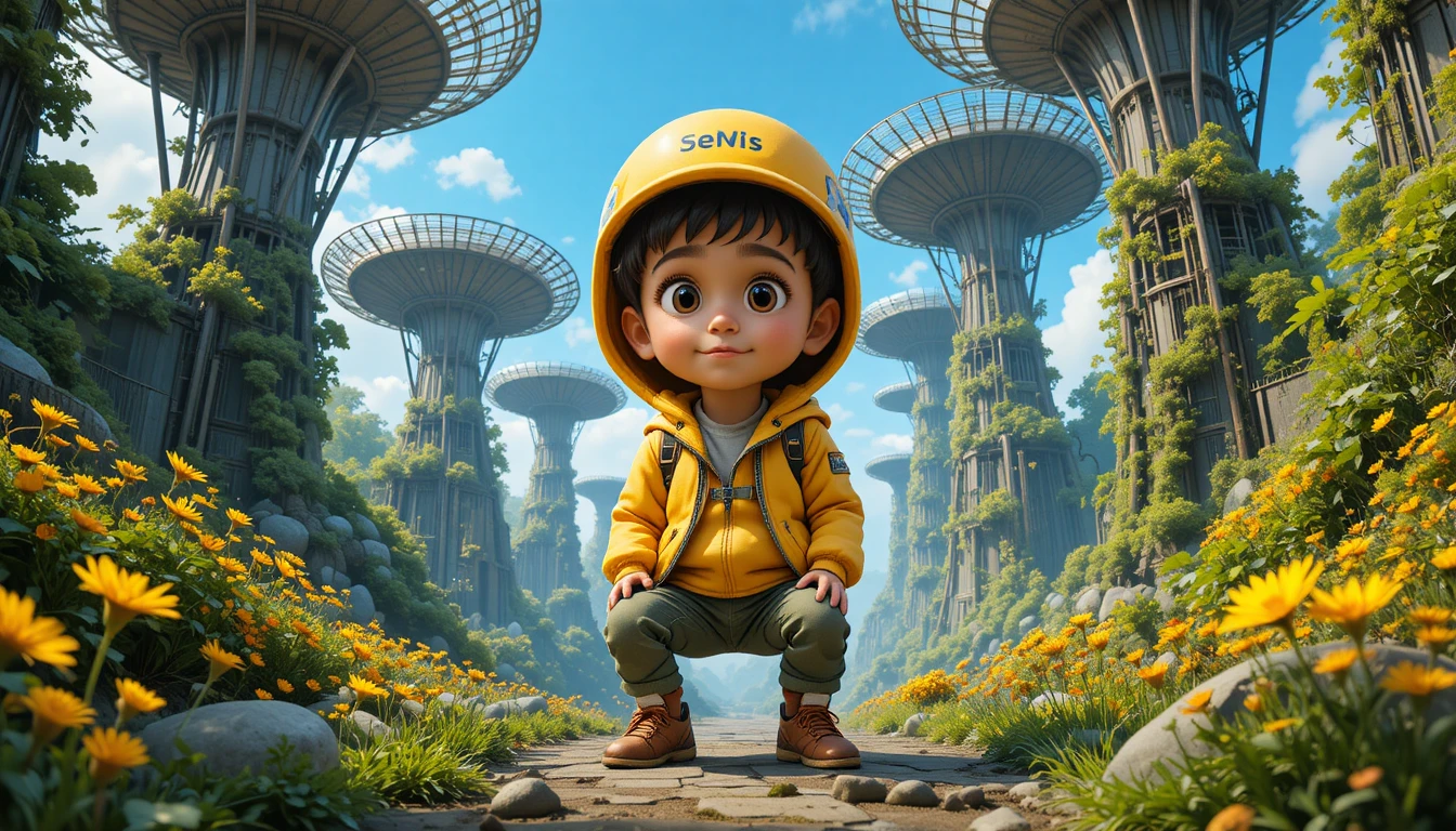 Niño con ropa amarilla en un paisaje urbano futurista y orgánico