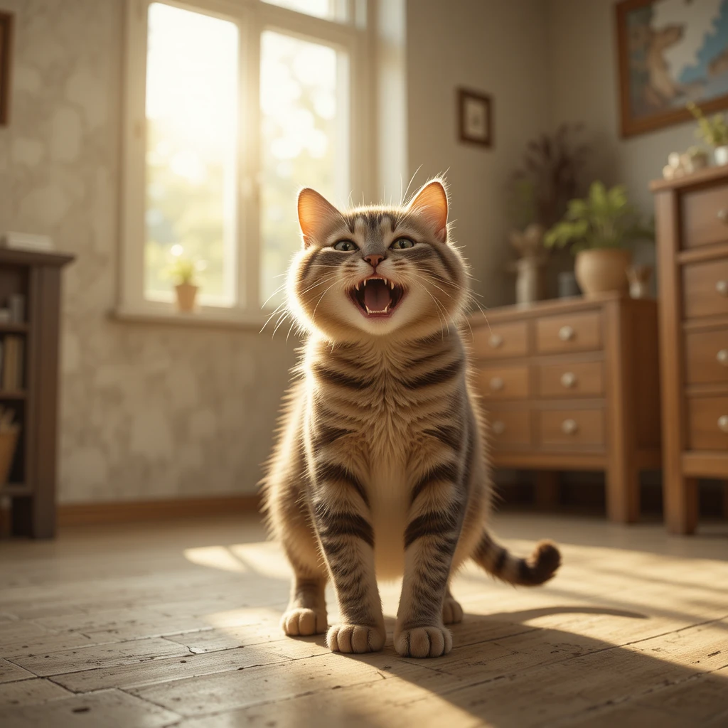 Gato feliz jugando a la luz del sol en una habitación acogedora