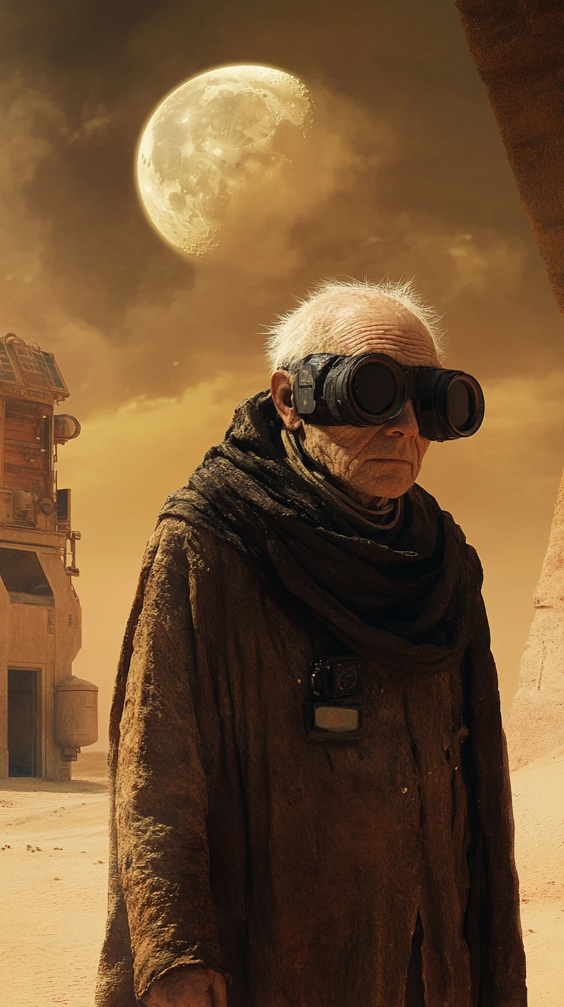Vecchio calvo nel deserto con occhiali spaziali futuristici