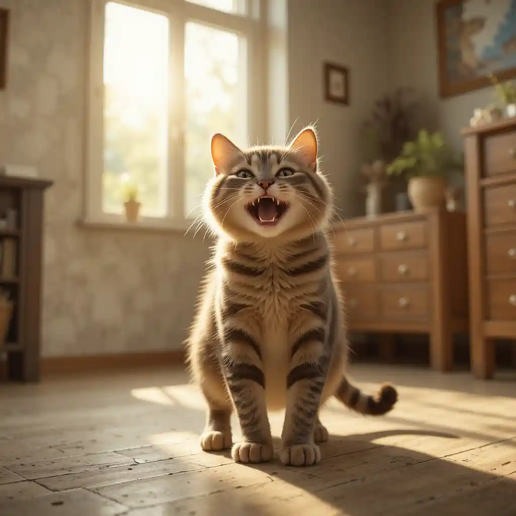 Gato feliz jugando a la luz del sol en una habitación acogedora
