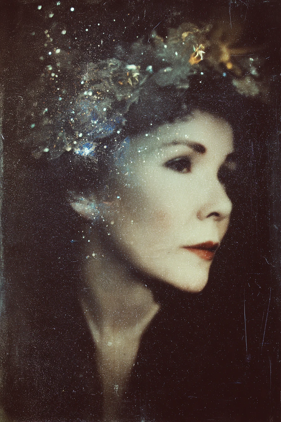 Surreal dark portrait of an aging bohemian woman