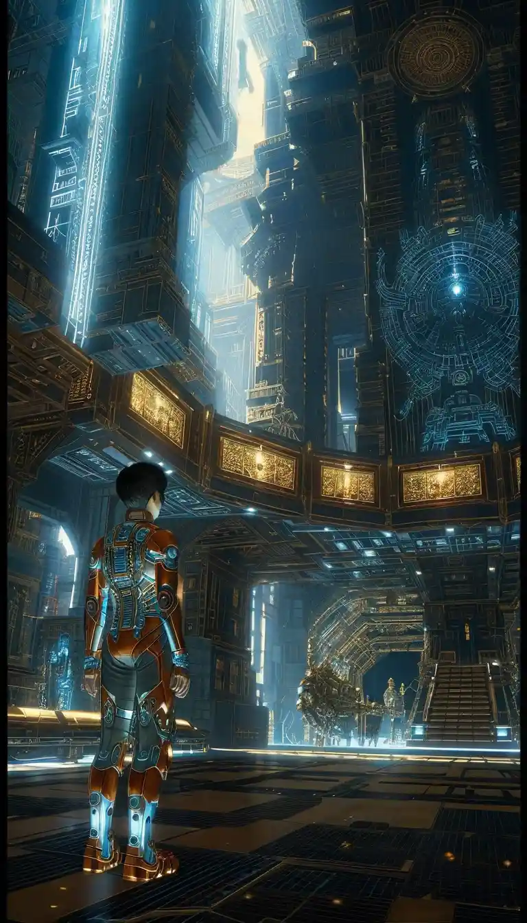 Marine futurista que mira hacia lo alto dentro de un vasto templo alienígena
