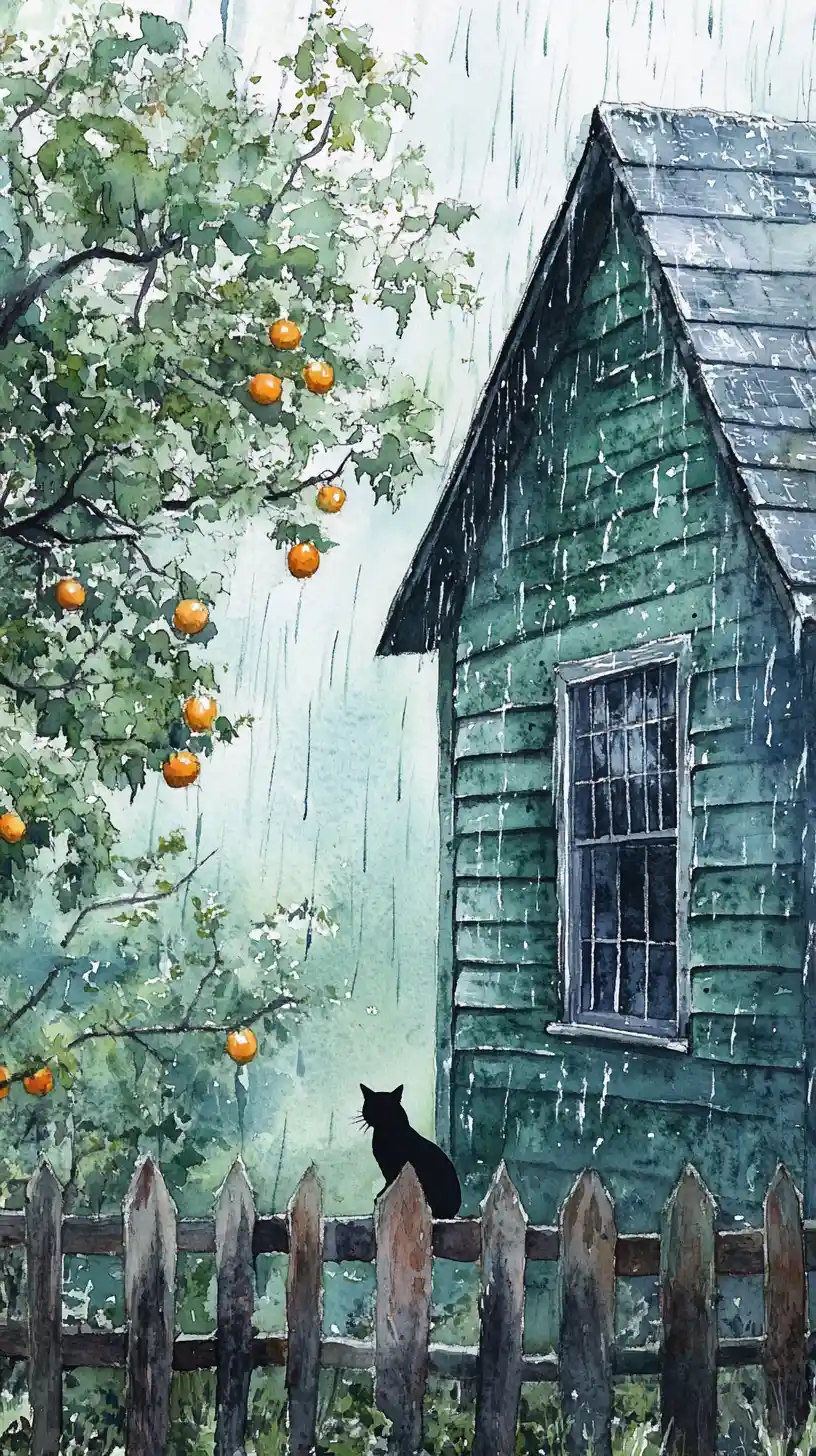 Watercolor green house with black cat in rainy garden