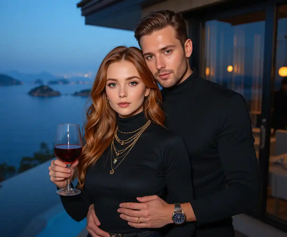 Elegante pareja abrazándose junto al mar de noche