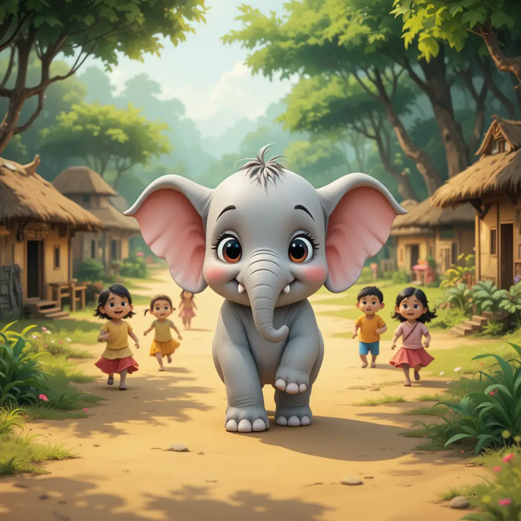 Cute Baby Cartoon Elephant Smiling In An Indian Village