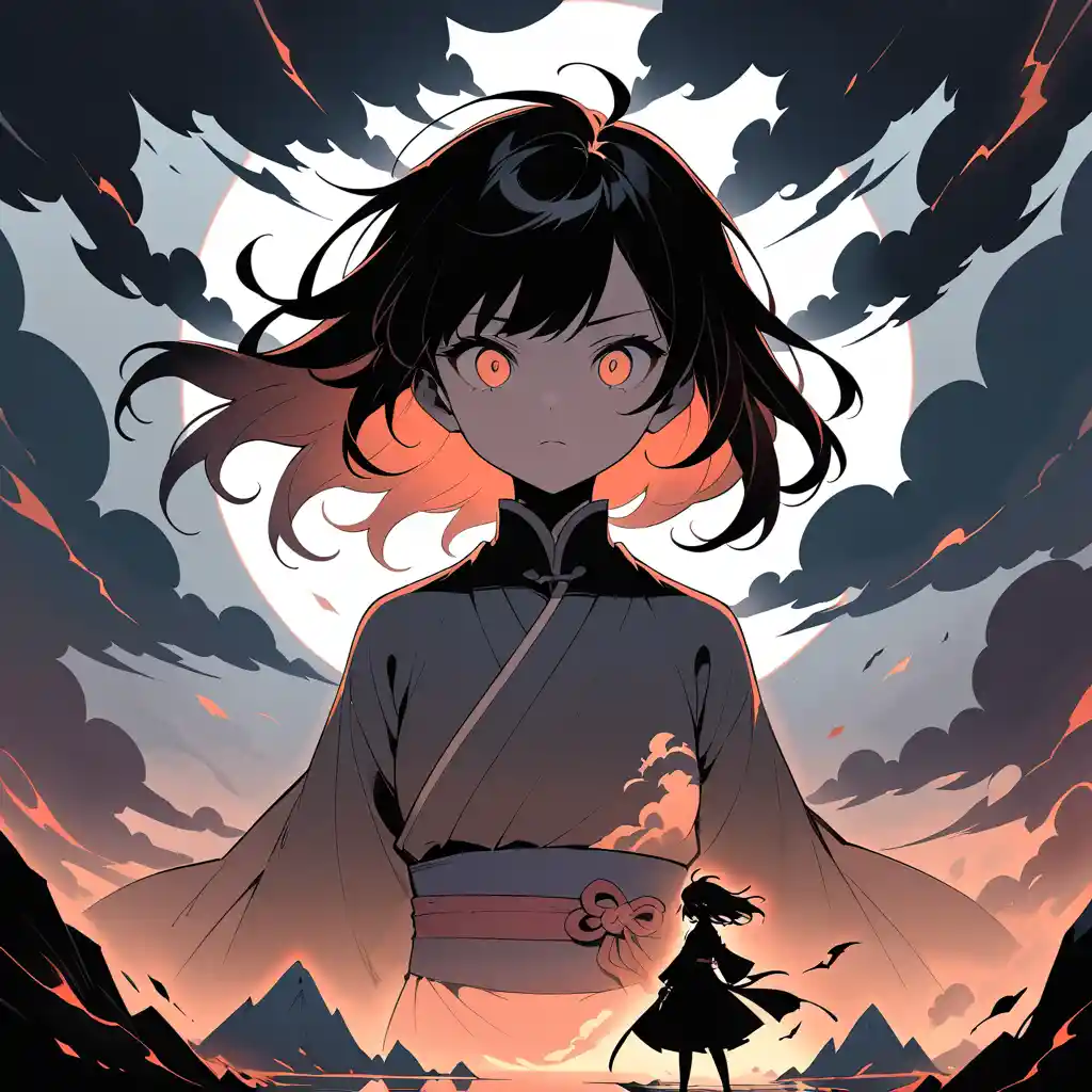 Dark anime girl portrait with storm within her silhouette