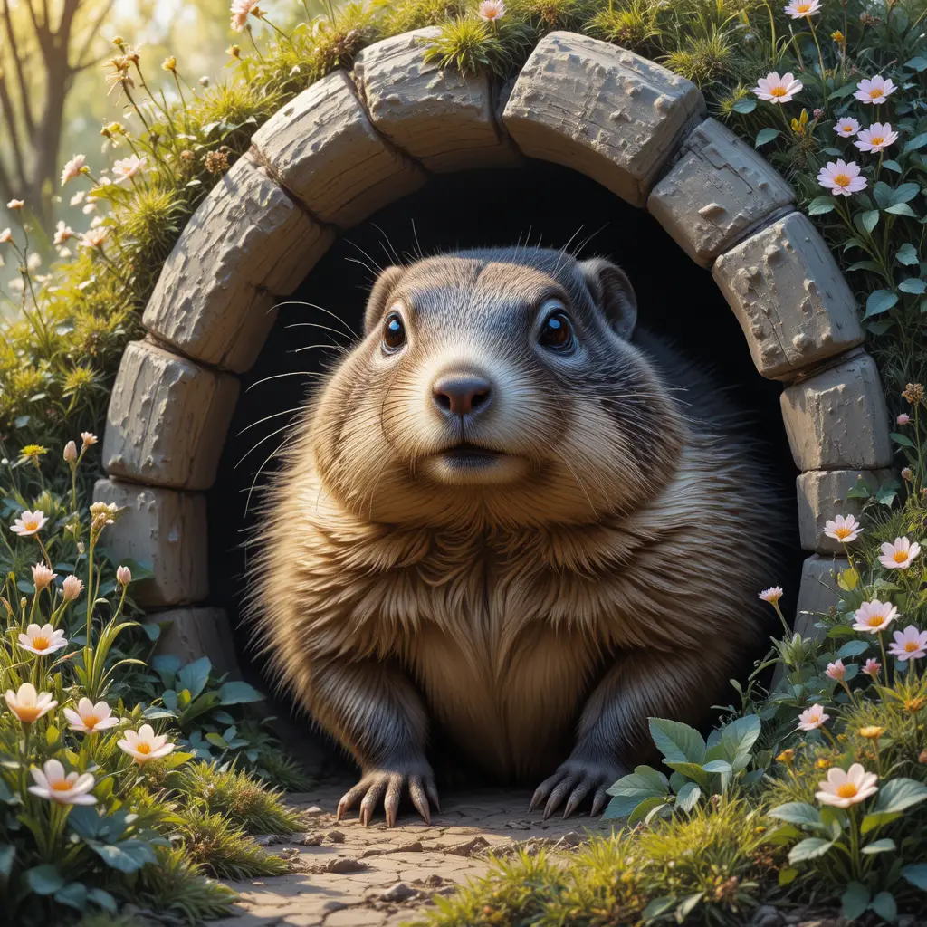 Plump Groundhog Emerging From Sunlit Burrow In Spring Meadow