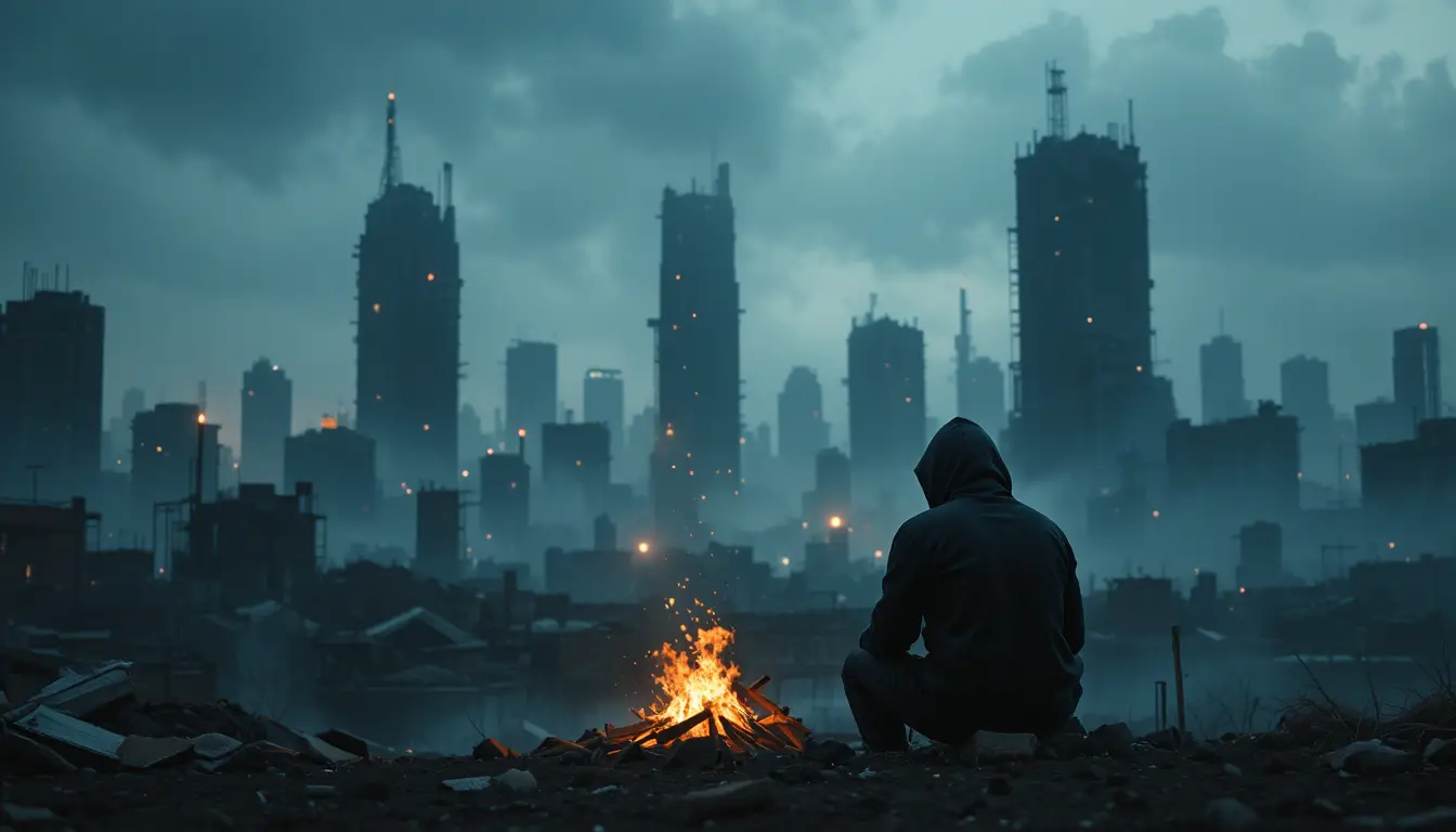 Lonely hooded man by campfire facing ruined cityscape