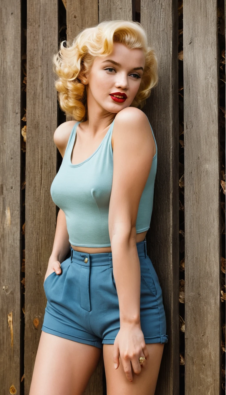 Sensual blonde woman on wooden fence in sunny prairie