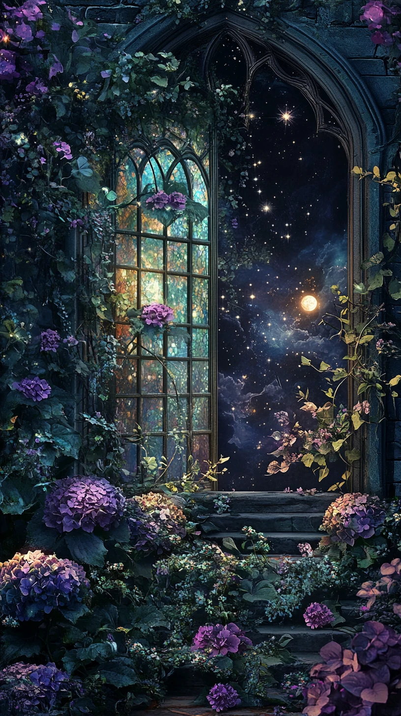 Giardino fantasy gotico che brilla sotto la soffice luce lunare