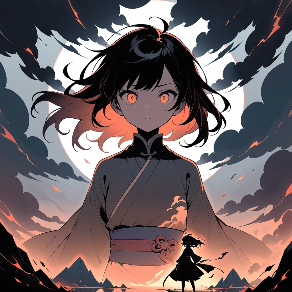 Dark anime girl portrait with storm within her silhouette