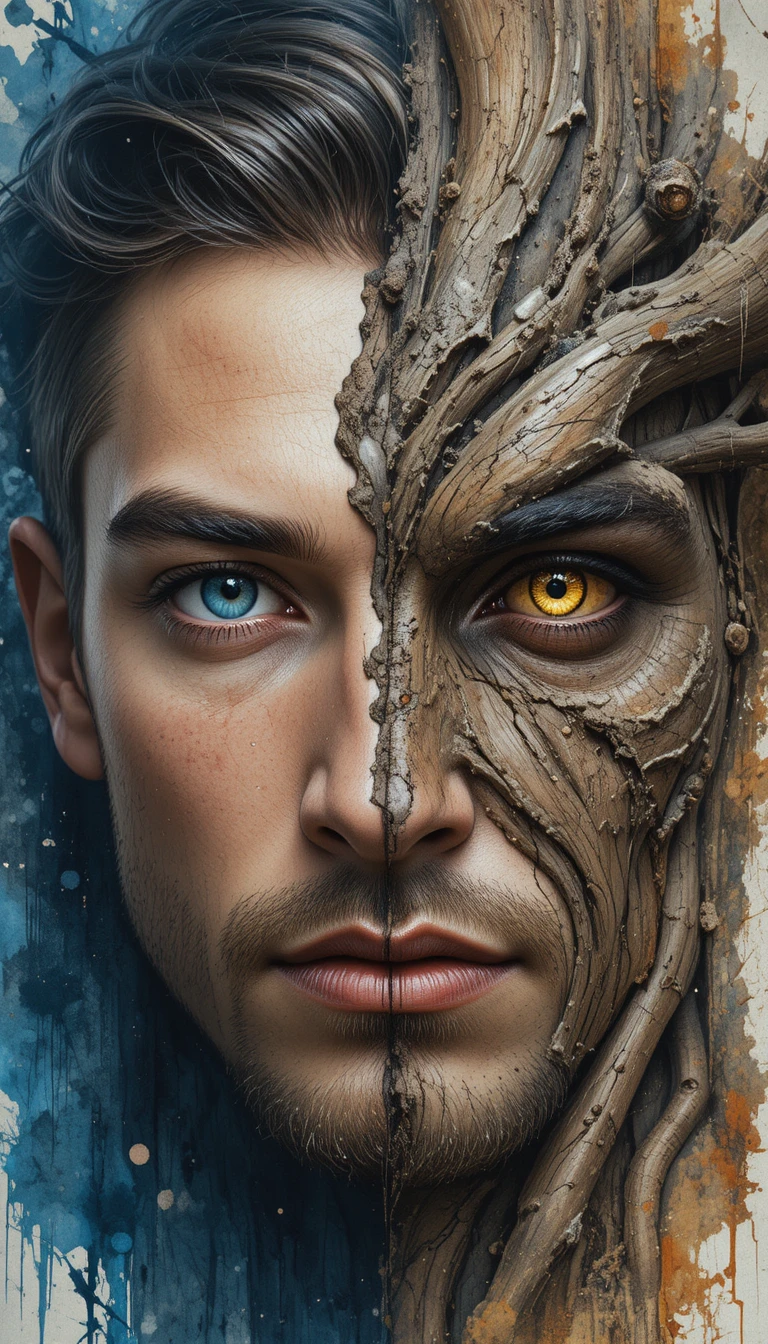 Retrato de hombre mitad humano mitad árbol con ojos contrastantes