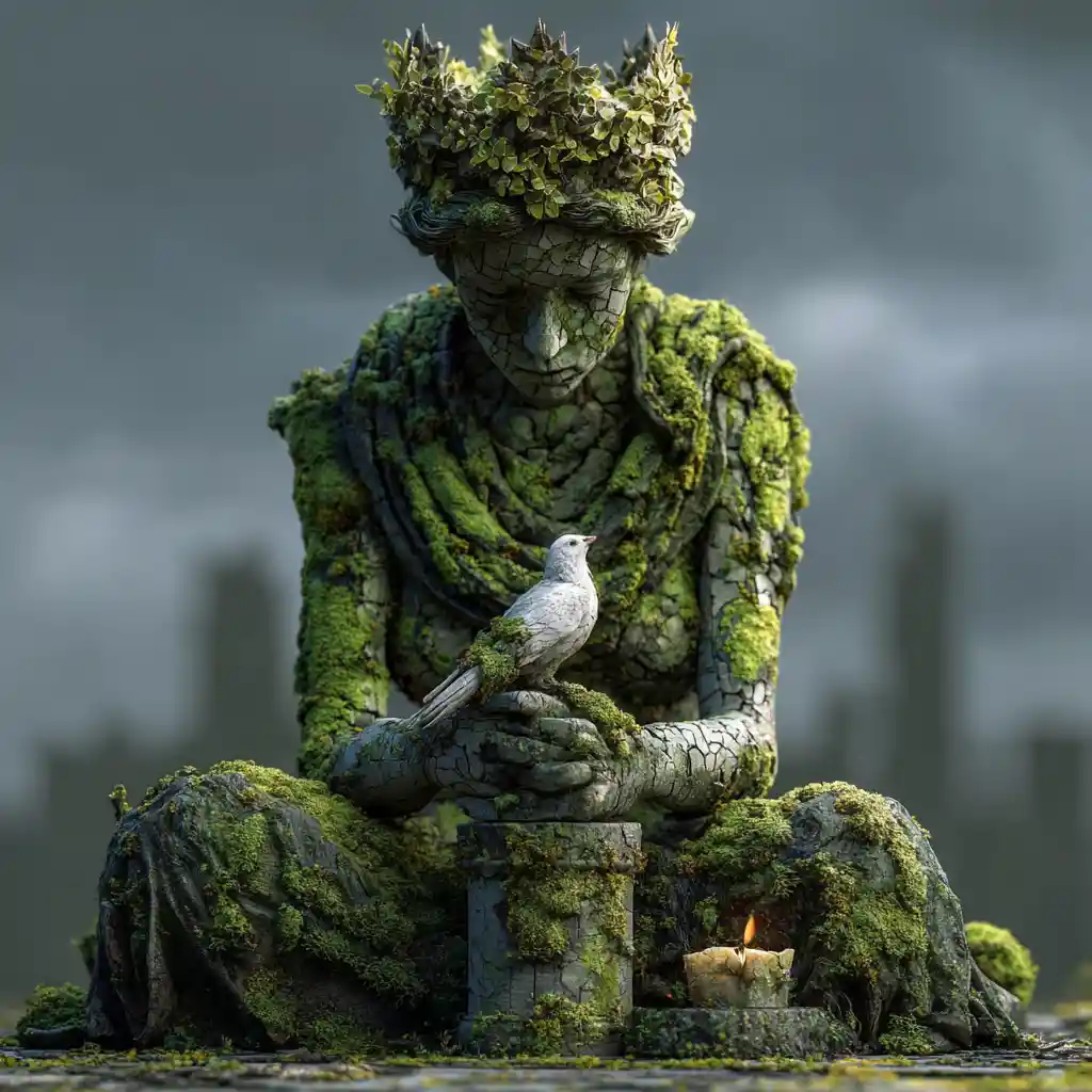 Stone woman with dove in dystopian winter landscape