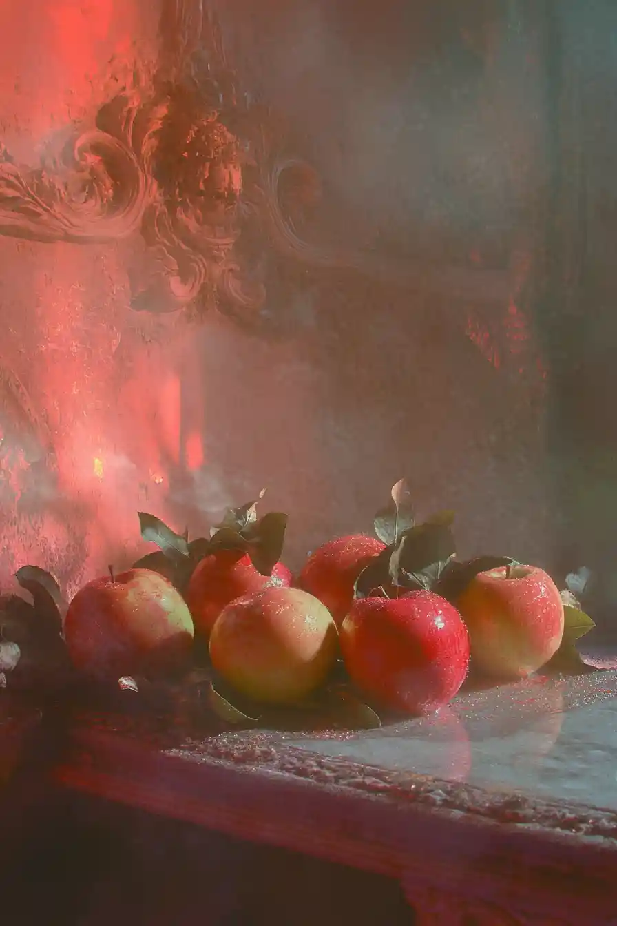 Abstract baroque vision of hell with vibrant apples