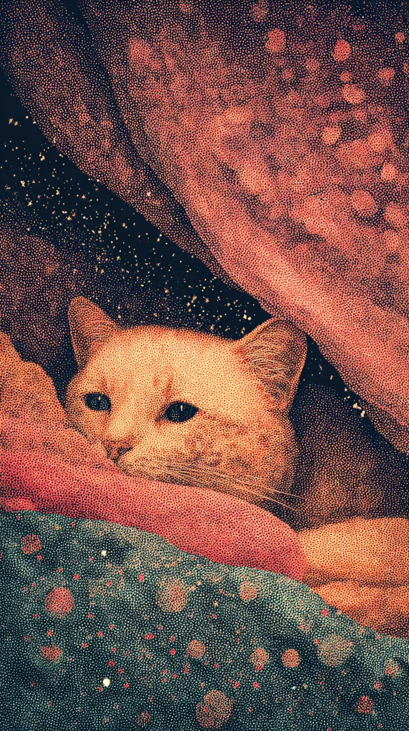 Whimsical ghost sprinkling sleep dust on tired old cat