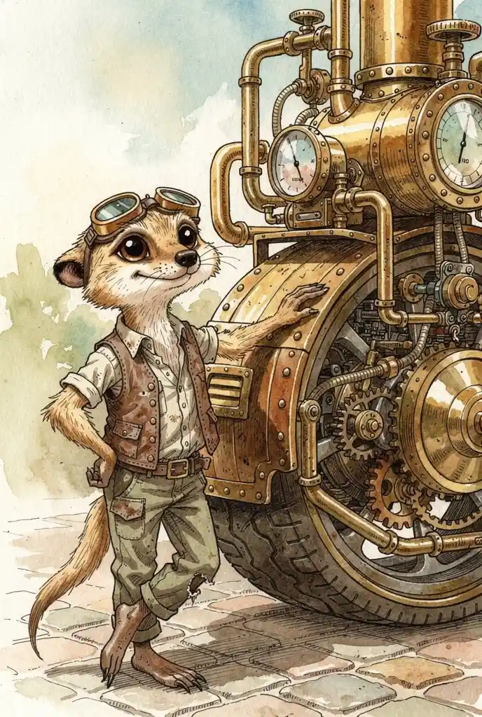 Suricato steampunk magro appoggiato a un'auto a vapore dettagliata