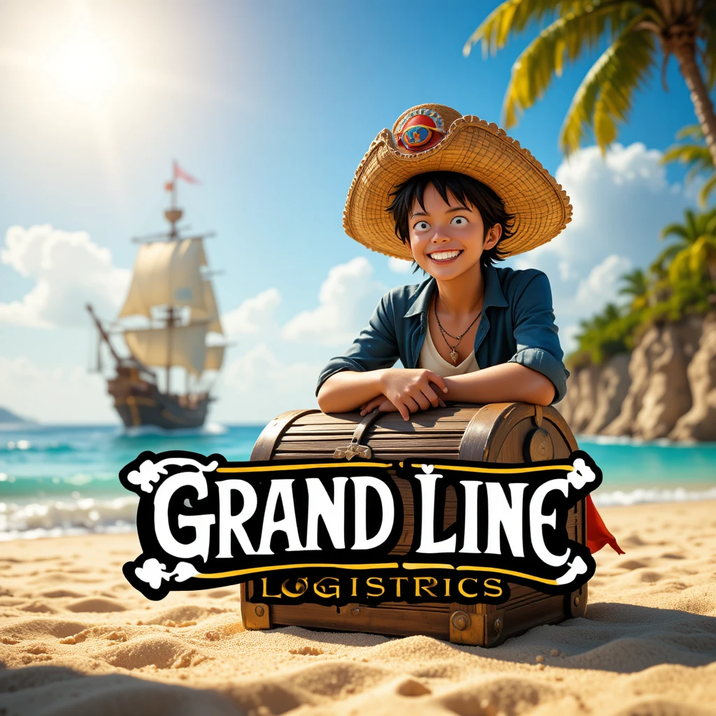 Pirate captain with treasure chest on sunny tropical beach