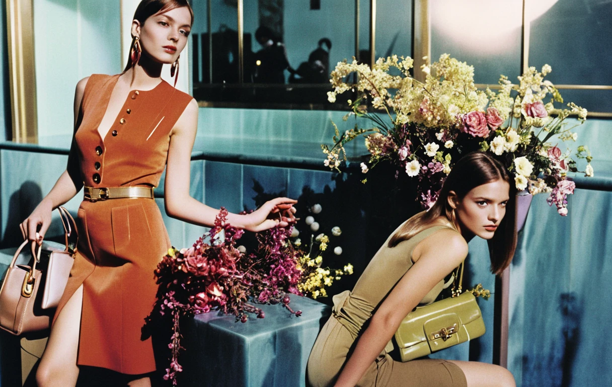 Fashion model with handbag in moody hotel interior
